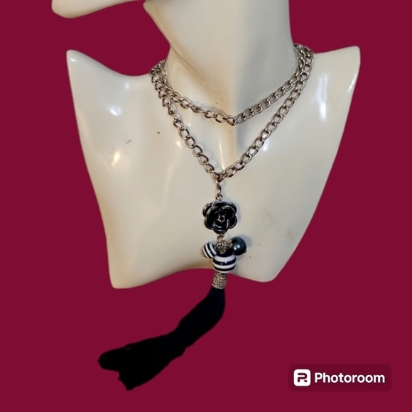 Navy Blue Striped Sailor Beaded Floral Sautoir Tassel Chain Necklace - Picture 1 of 5